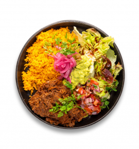 „Burrito bowl" su „Pico de gallo" salsa ir namine plėšyta jautiena