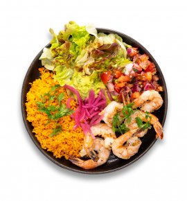 „Burrito bowl" su „Pico de gallo" salsa ir grill krevetėmis