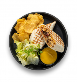 Burrito with Chipotle chicken, caramelised onions, and jalapeño sauce