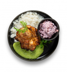 Grilled chicken thighs with green pea sauce