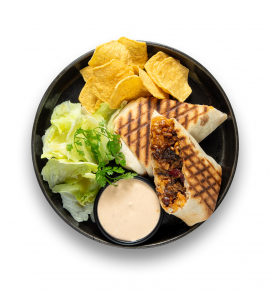 Burrito with minced beef,  kidney beans, and Chipotle cheese sauce